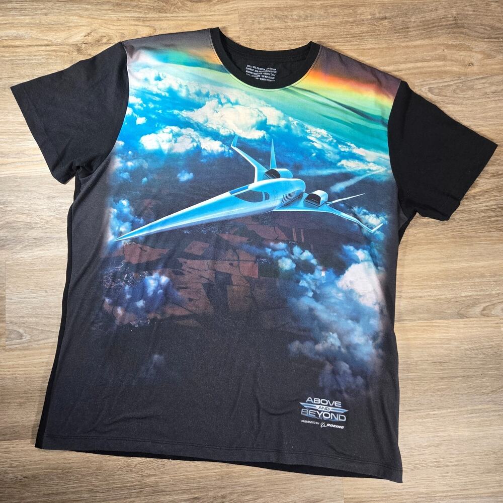 Boeing Above Beyond T Shirt Mens 2XL Black Supersonic Jet Graphic Made USA Plane